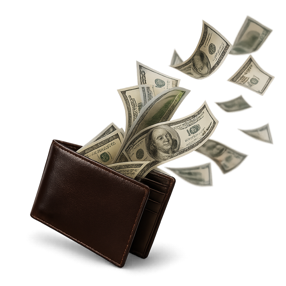 Banknotes flying out of an open leather wallet — money walking out the door.
