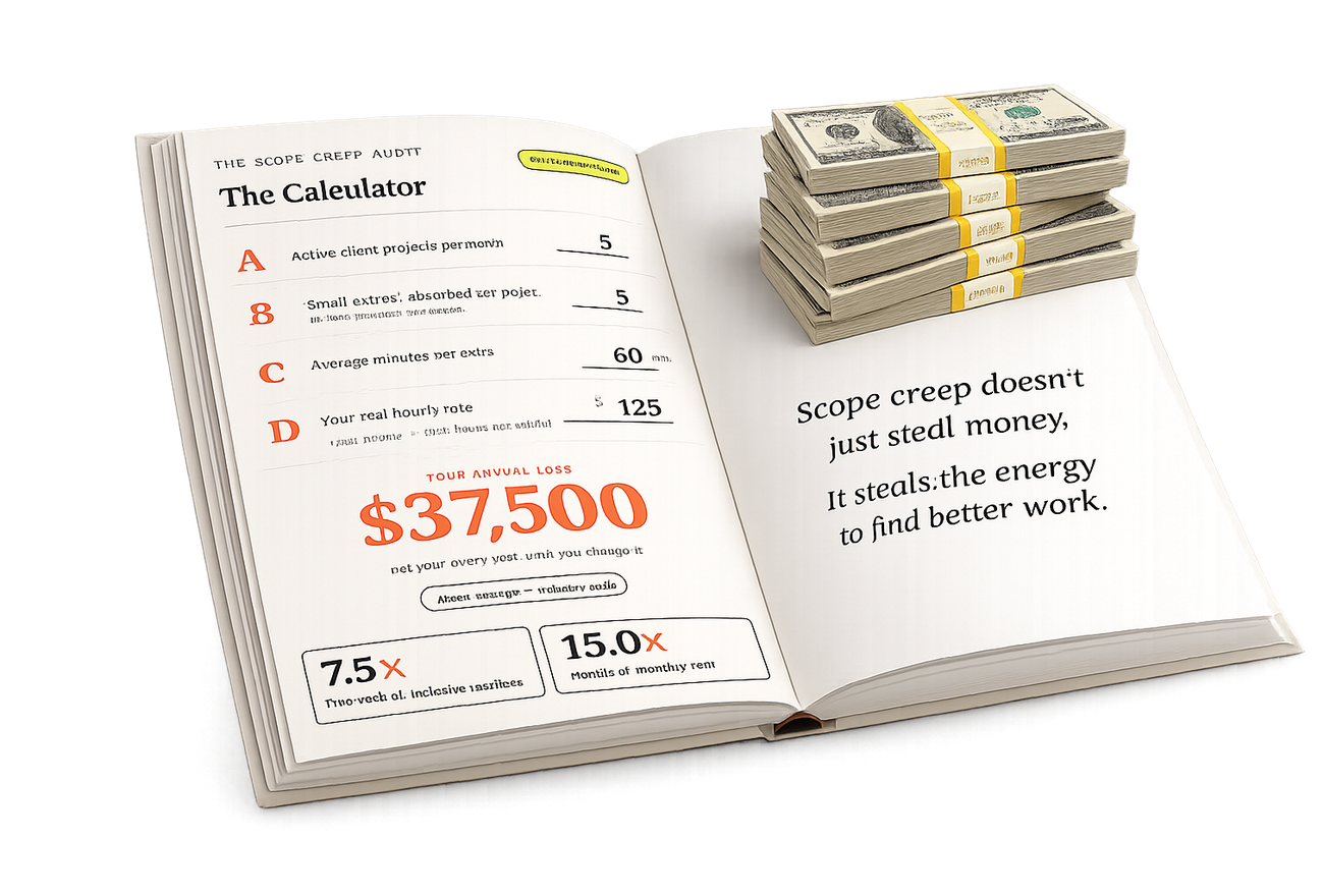 The book open to the calculator spread, showing a $37,500 annual loss, beside a stack of dollar bills.